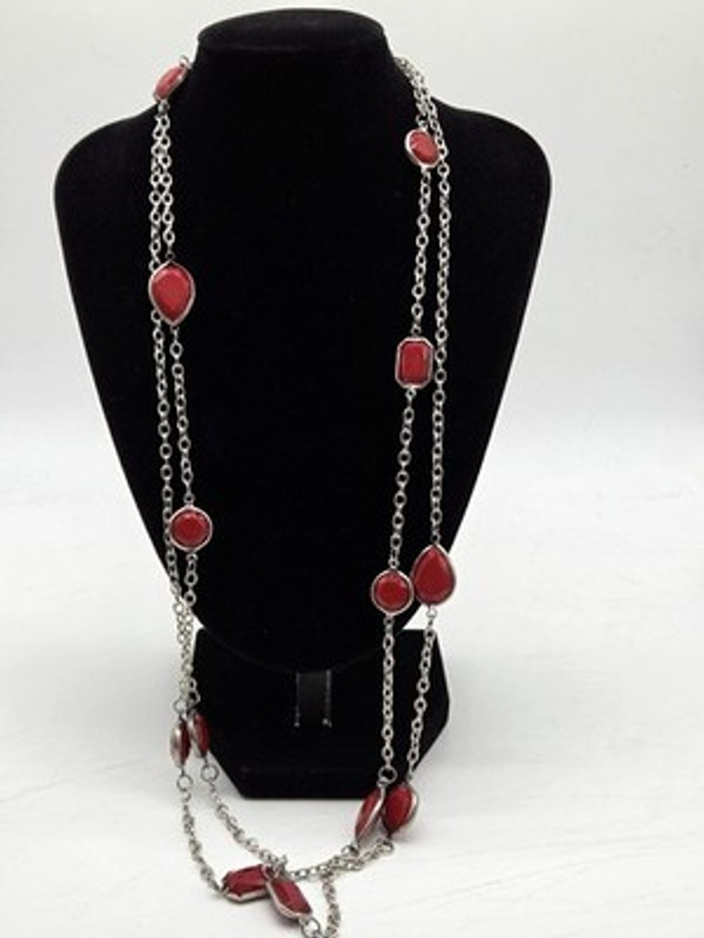 Long Silver Tone Necklace Red Faceted Stone Stations Layered Chain Statement